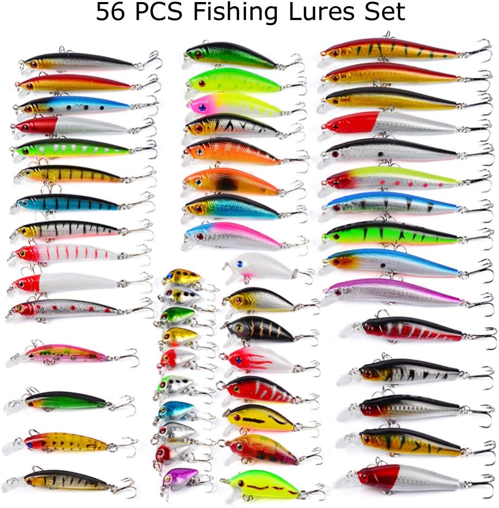 56pcs Fishing Lures Kit Mixed Including Minnow CrankBait with Hooks for
