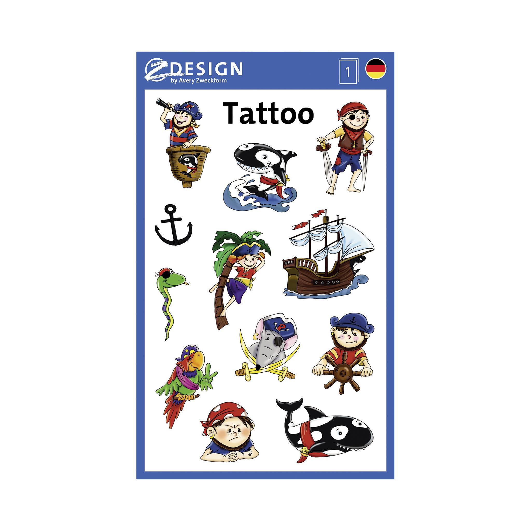 AVERY Zweckform 56683 Children's Tattoos, Pack of 12 (Temporary Tattoos Pirates, Children's Tattoos, Waterproof, Adhesive Tattoos, Children's Birthday, Party Bags, Party Games Prizes, Children to