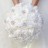 Gkvszy Ivory Bridal Wedding Bouquet Handmade with Rhinestone Pearl Ribbon Satin Rose Flower Bouquet for Bride Bridesmaid Quinceanera Bouquet Wedding Ivory 8.7in