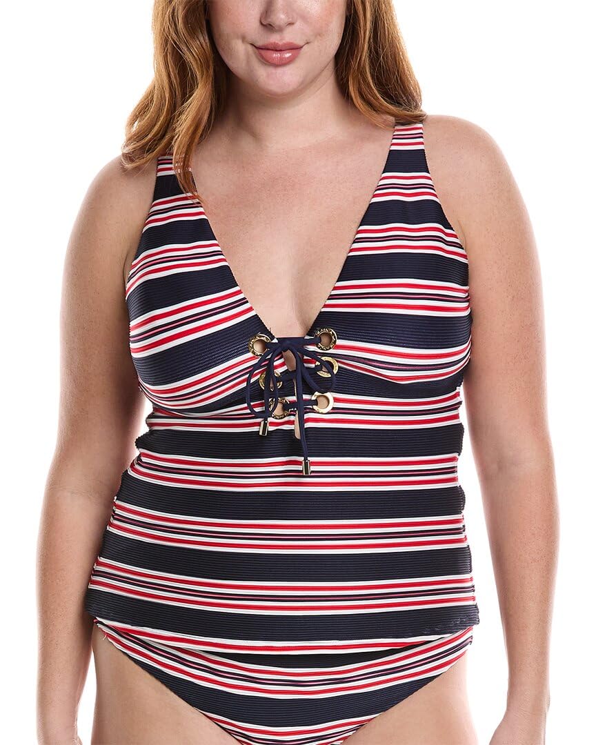 Photo 1 of La Blanca Women's Standard Over The Shoulder Tankini Swimsuit Top, Indigo//Sailor Stripe, 6