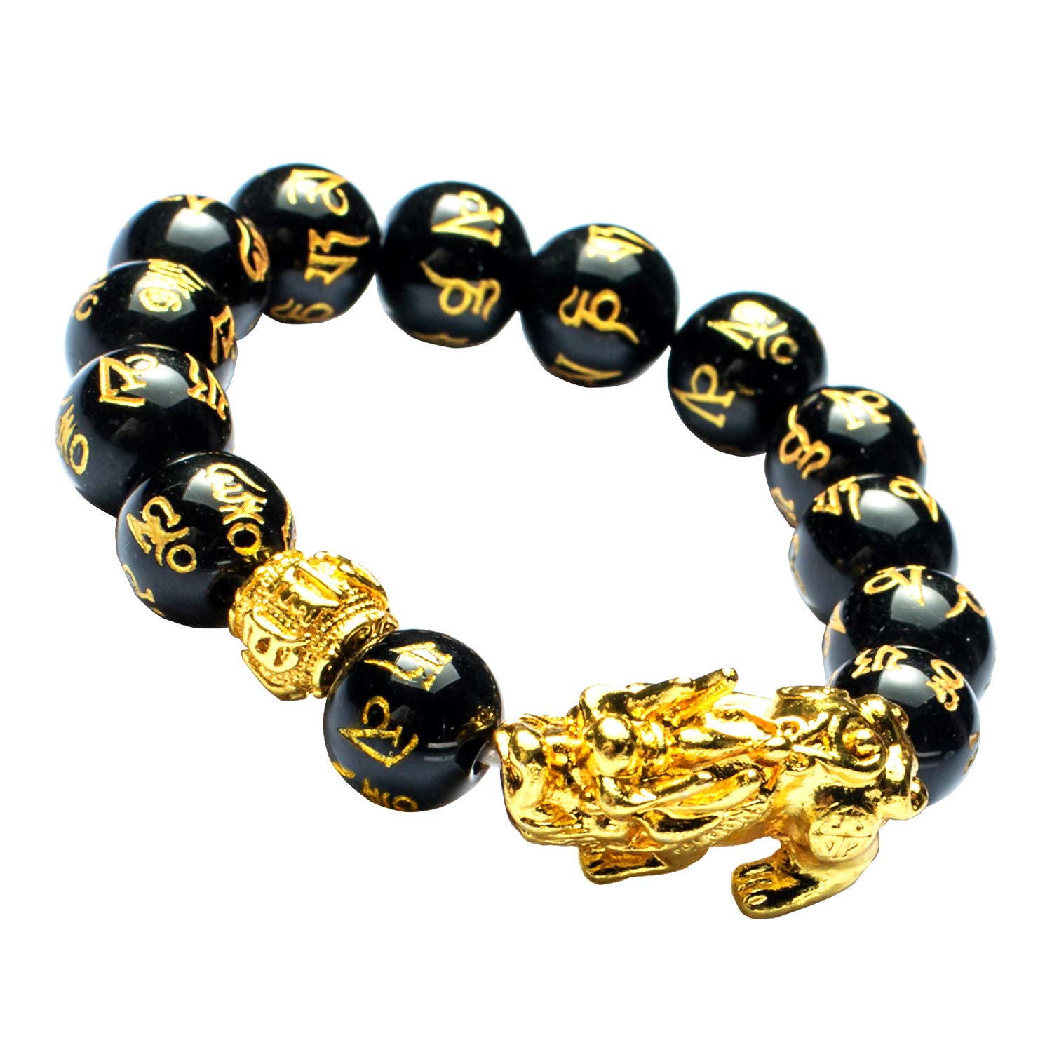 Feng Shui 14mm Black Hand Carved Mantra Beads Bracelet with 1 Golden Pi Xiu/Pi Yao and 1 Golden Mantra Bead Attract Lucky Wealthy