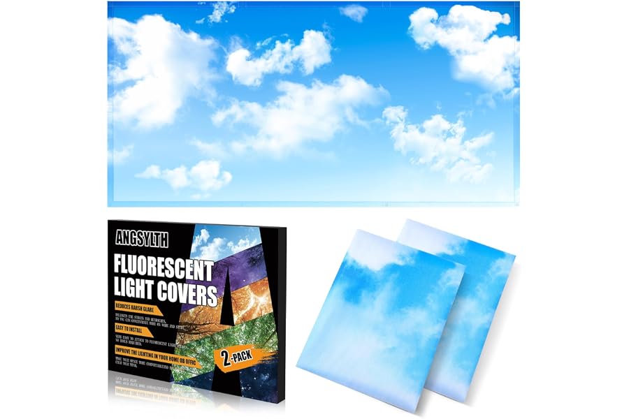 ANGSYLTH 2 Pcs Fluorescent Light Covers, 4x2 Feet Covers for Ceiling Lights | Magnetic Light Filters for Classroom, Office, Hospitals, Home (Blue Skies & White Clouds)