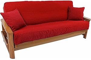 Blazing Needles Solid Twill 8" to 9" Futon Cover Set with 2 Throw Pillows (Set of 3), Full, Red