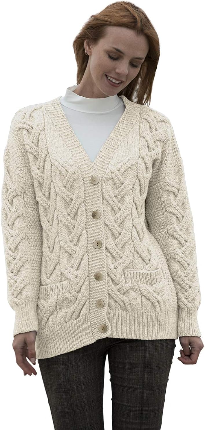 Irish Cardigan for Women Made in Ireland Chunky V Cable Sweater