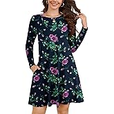 KORSIS Women Long Sleeve Tops T-Shirt Dresses Round Neck Casual A-Line Loose Swing Vocation Fall Winter Dress with Pockets