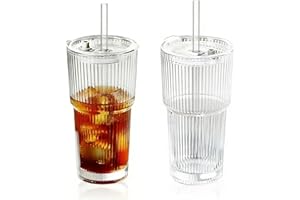 2 Packs Iced Coffee Cups with Lids and Straws 20oz Reusable Ribbed Glass Drinking Cups Clear Smoothies Glasses Beer Glass Dri
