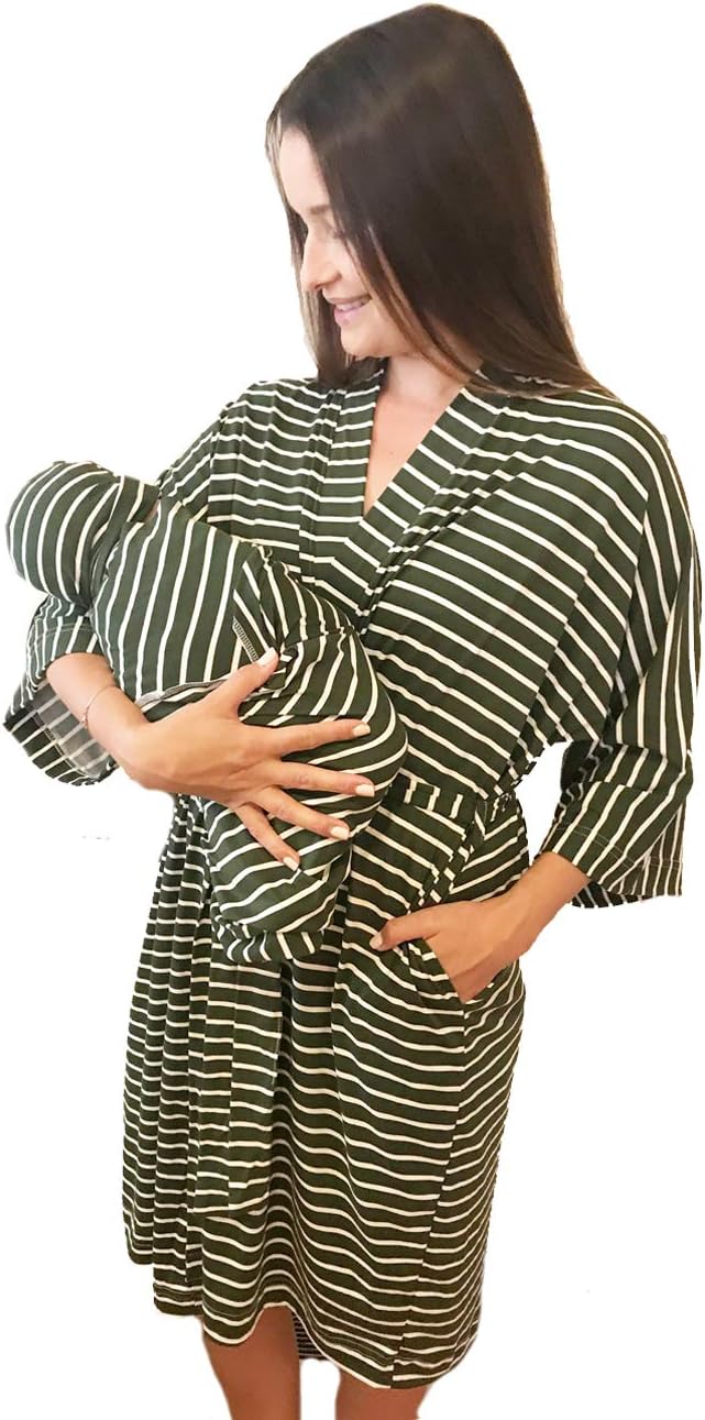 Maternity Labor Delivery Matching Robe and Swaddle Blanket and Hat or Headband Set, Hospital Bag Must Have (Olive/White Stripe, L/XL)