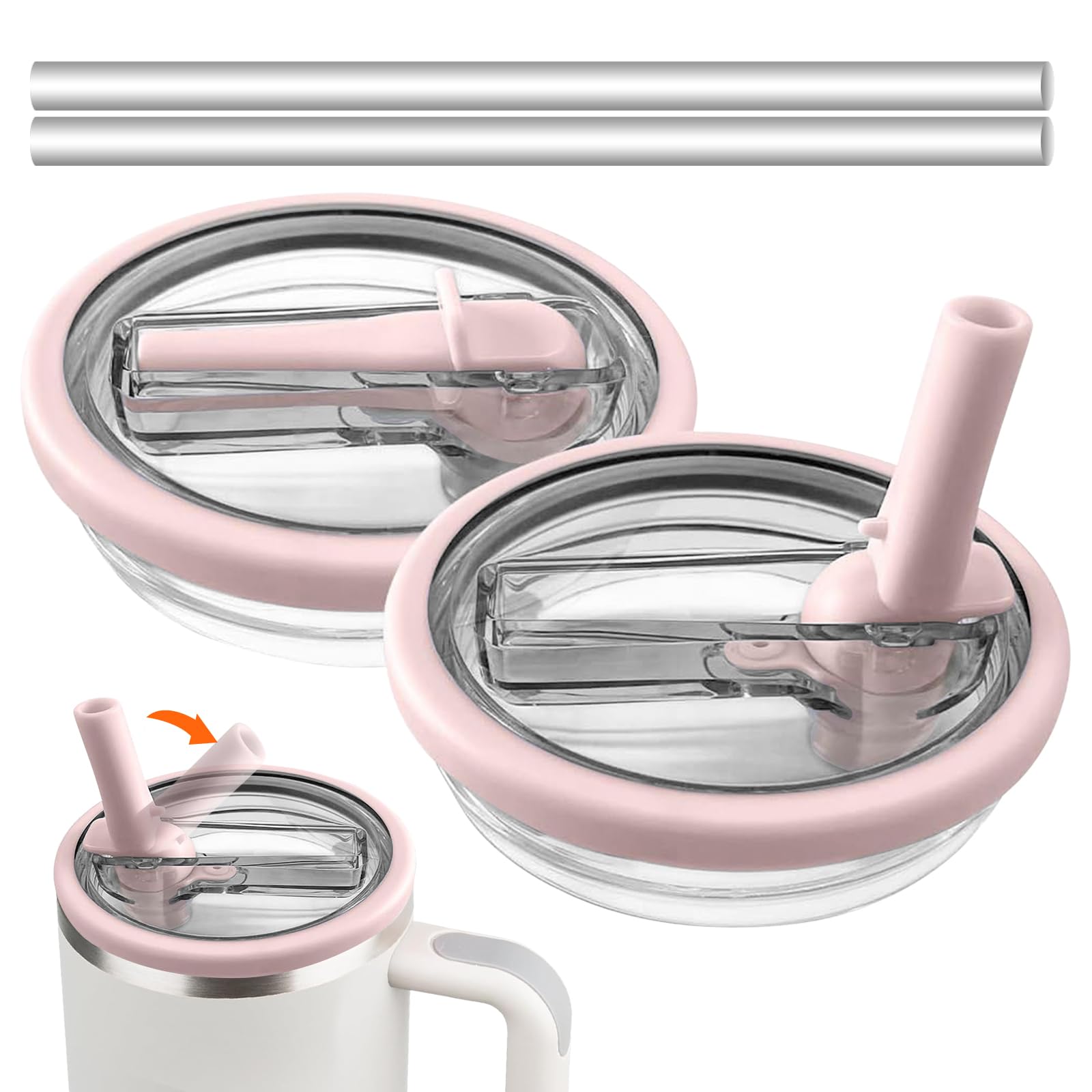 Photo 1 of 2 Pack Flip Straw Lid Replacement for Stanley Quencher H2.0 40/64 oz Tumbler, Leak Proof Spill Proof Lid for 40oz Stanley ProTour, Straw Cover Top for Stanley Cup Accessories (Pink)