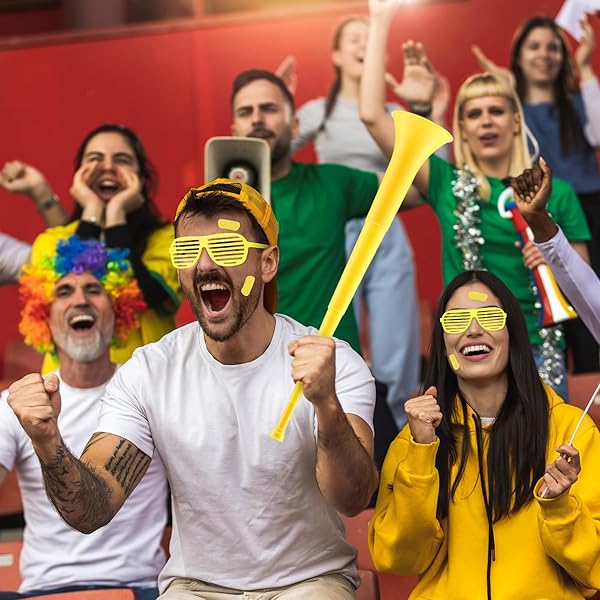 LARANDOM 12 PCS/4 SET CHEERLEADING ITEMS WITH STADIUM HORN SHUTTER SHADED GLASSES CHEERING NOISE MAKER FOR SOCCER FOOTBALL EVENTS(YELLOW)