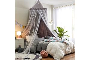 VETHIN Bed Canopy for Kids with Lights,Double Layer Princess Round Dome Children Dreamy Mosquito Net Bedding Girls Room Castle Play Tent Hanging House Decor Reading Nook Canopies(Gray/White)