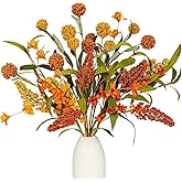 DIYFLORU 17 Inches Boho Autumn Flowers 8 PCs Faux Fall Flower Stems Rustic Fall Floral Picks with Yellow Orange Billy Balls Wheat Harvest Floral Picks for Vase Dining Office Table Centerpiece Decor