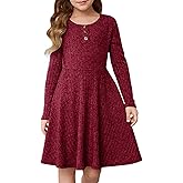 YOVION Girls Fall Long Sleeve Crew Neck Button Down Casual Flared A-Line Ribbed Knit Dress with Pockets for 6-12 Y