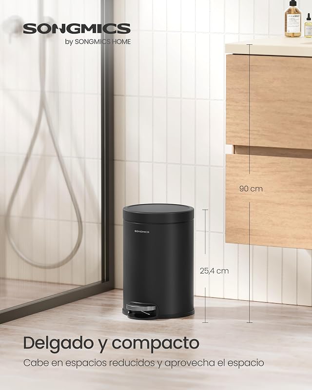 Cubo de Basura de Baño, 3 L, de Acero, con Tapa de Cierre Suave