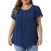 Agnes Orinda Plus Size Tops for Women Swiss Dot Crew Neck Tulip Short Sleeve Shirts Front Pleated Summer Blouse Top