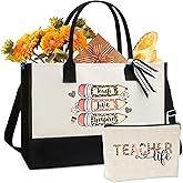 VeloKomo Teacher Canvas Tote Bag - Appreciation Teacher's Day Thanks Gifts Leopard Pencil Pattern Tote Bag Canvas Bag with Zipper with Cosmetic Bag