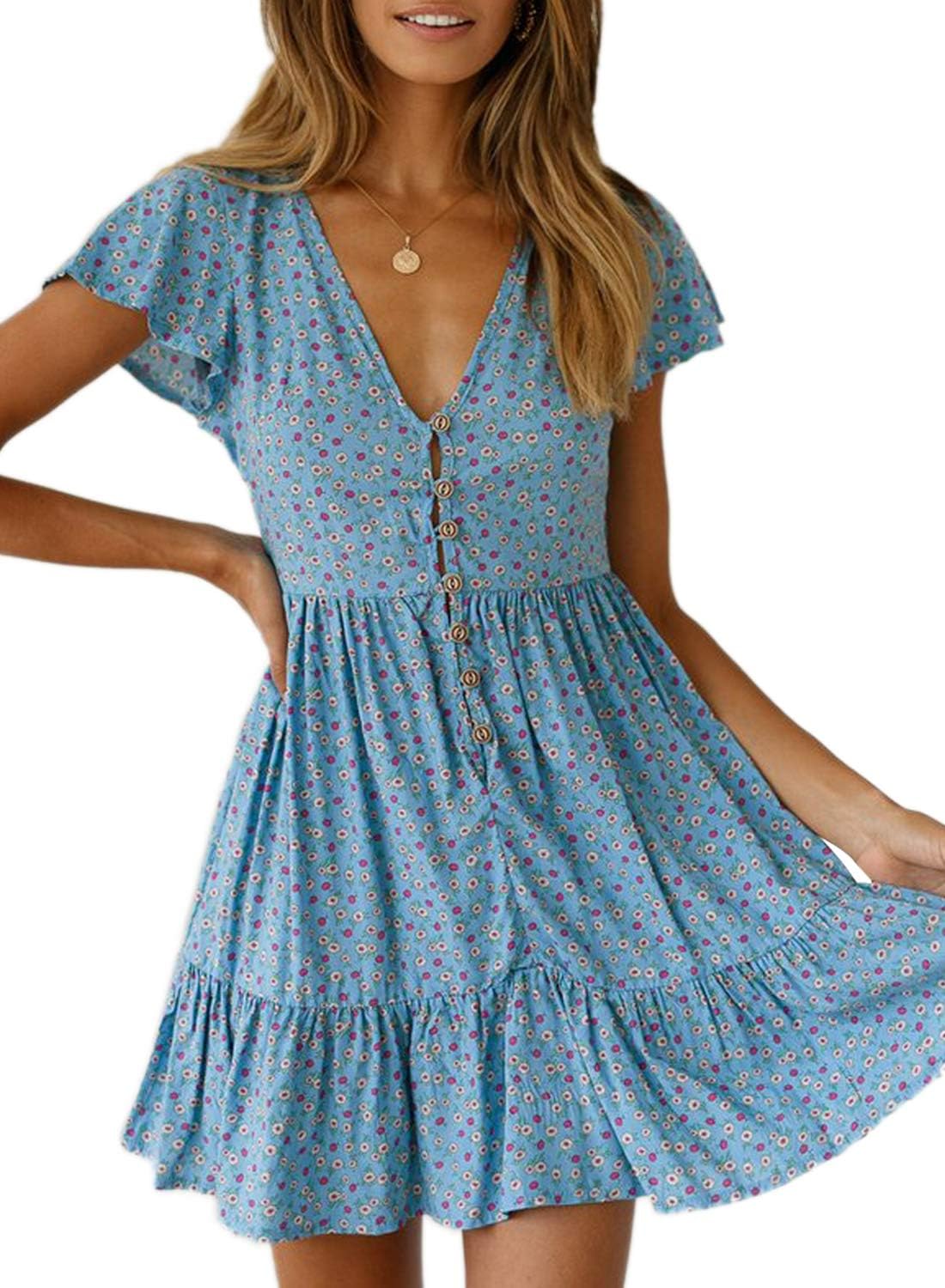 Asvivid Women Casual Sexy V Neck Button Short Sleeve Floral Boho Skater Dress