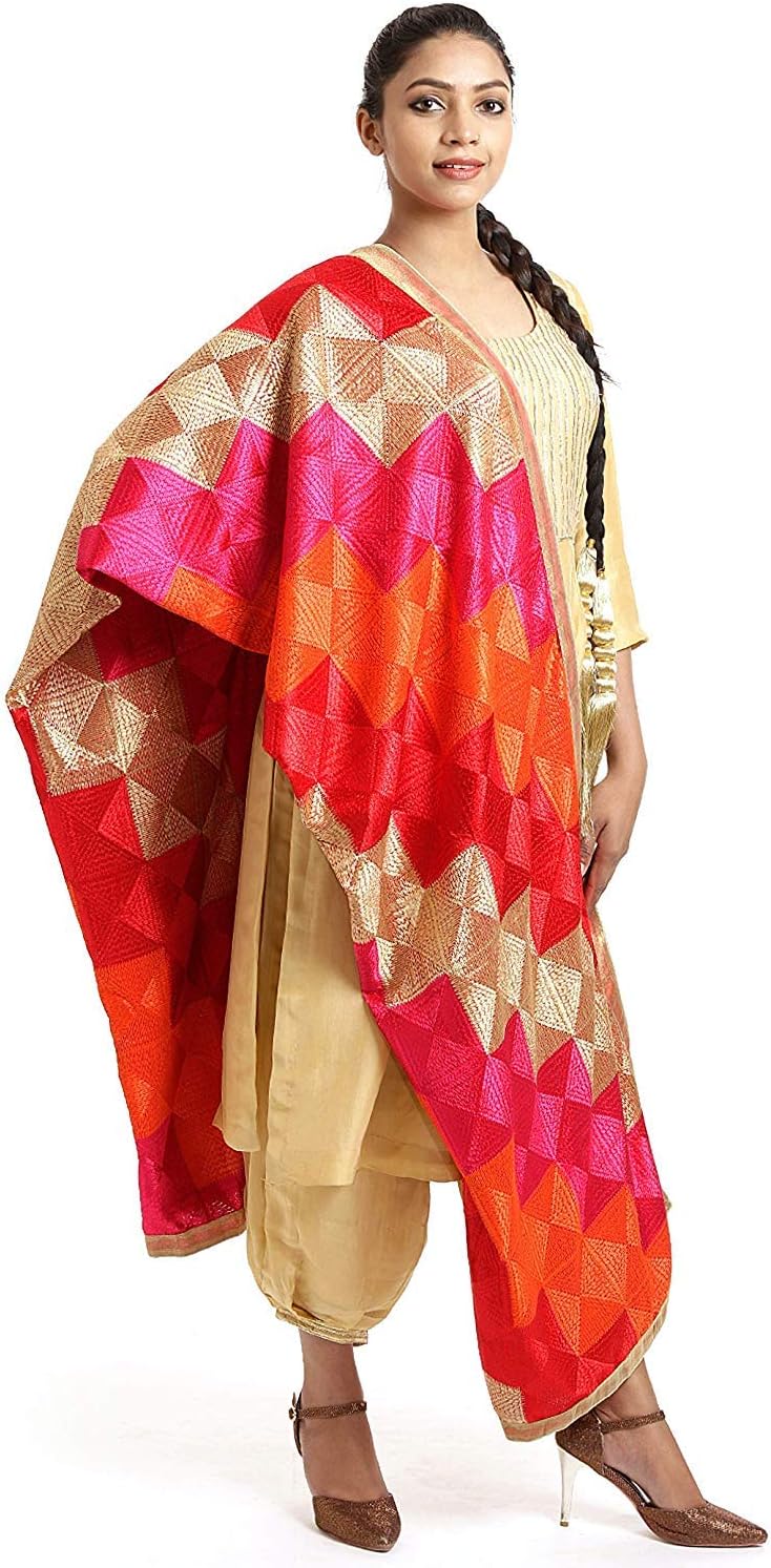Urban Mutiyar Women's Chiffon Ladder Pattern Fancy Handmade Phulkari Dupatta (Multicolour)