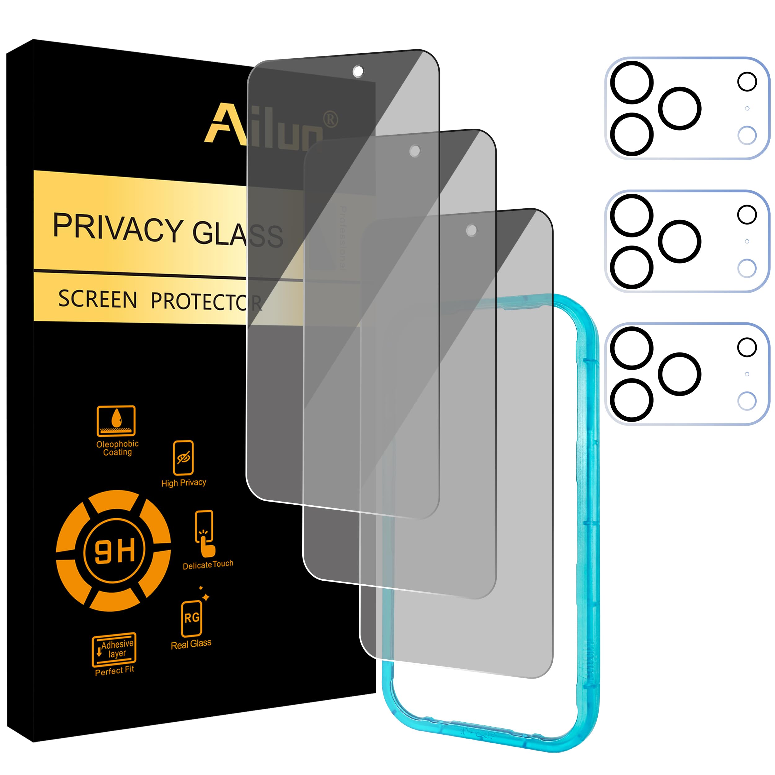 Photo 1 of Ailun 3 Pack for iPhone 17 Pro Privacy Screen Protector [6.3 inch]+ 3 Pack Camera Lens Protector with Installation Frame,Dynamic Island Compatible,Anti Spy Tempered Glass[9H Hardness]-HD