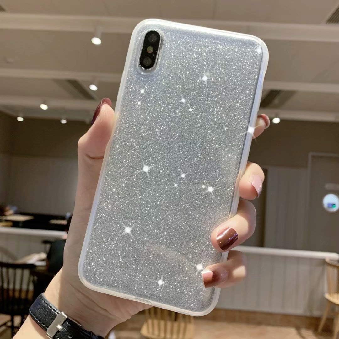 Kinyetor iPhone Xs Max Case Glitter Clear, Transparent Cases with Air Cushion Sparkle Bling Slim Fit Soft Cute TPU Silicone Case Cover Compatible for iPhone Xs Max 6.5 Inch-White