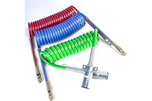 STILEALUS 15Ft Coiled Air Brake Hoses & ABS Electrical Power Wire Assembly 3 in 1 Air Lines Kit 7 Way Electrical Cable Cord Set for Semi Trucks Tractors Trailers