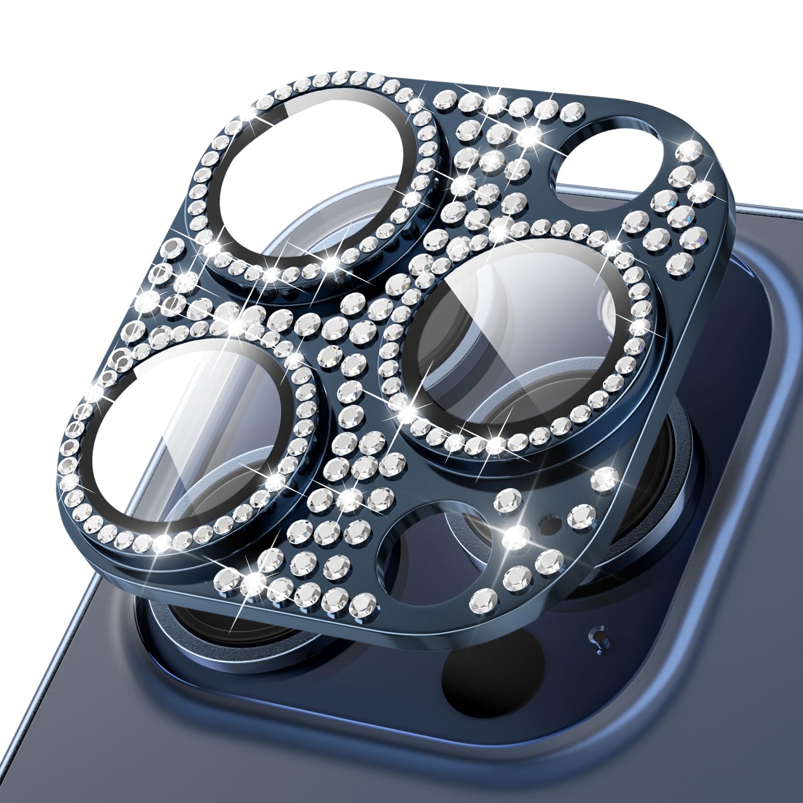 ICARER Bling Camera Lens Protector for iPhone 15 Pro/iPhone 15 Pro Max, Diamond Camera Lens Cover Sticker Protector for Apple iPhone 15 Pro/iPhone 15 Pro Max (Dark Blue)