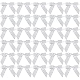 AIMUDI Silver Satin Ribbon Twist Tie Bows 2.5" Pretied Bows Premade Craft Bows for Treat Bags Cake Pop Gift Wrapping Basket Wedding Favors Cookie Candy Bagging Baby Shower - 50 Counts