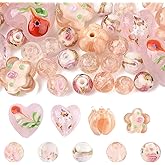 MakemadeDIY 38Pcs Pink Luminous Lampwork Glass Beads 9 Styles Round Flower Heart Handmade 1~2mm Hole Floral Crystal Loose Spacer Beads for Jewelry Bracelets Necklaces Craft Making