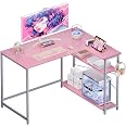 Pamray 49" L-Shaped Gaming Desk With LED Lights & Outlets - Reversible Shelves, Pink Computer Desk For Bedroom