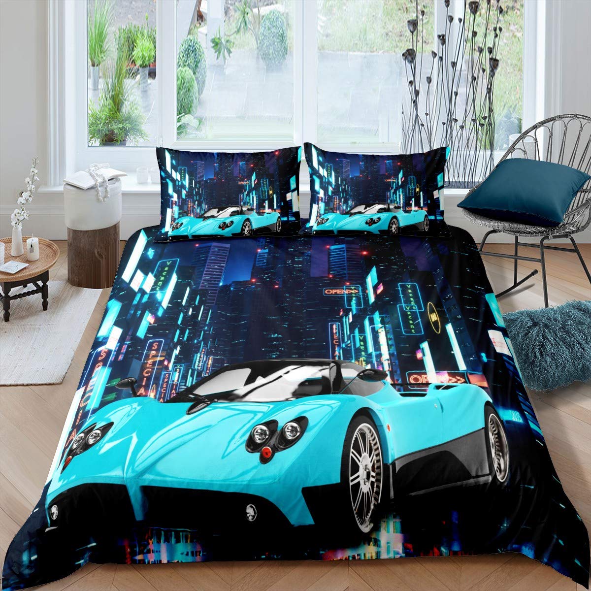 Extreme Sports Theme Bedding Set - Race Car Comforter & Duvet Cover for Kids - Automobile Style Cool Blue Bedspread - Double Size — image 1