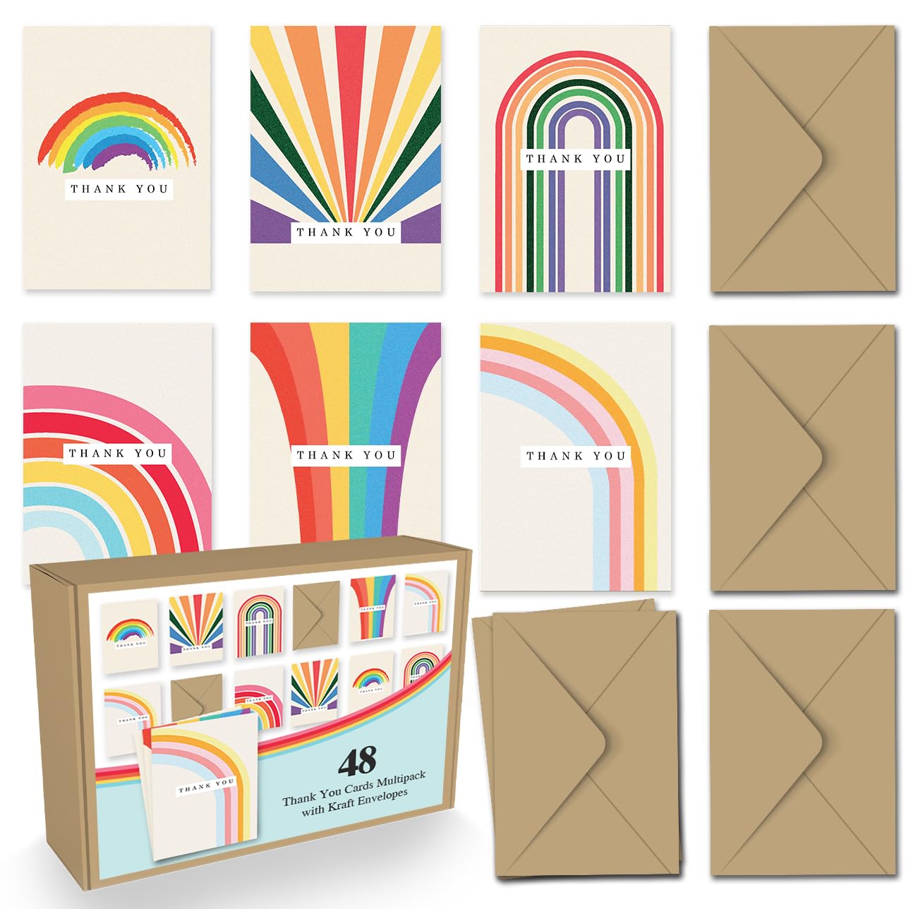 Giftinghouse 48 Thank You Cards Multipack with Envelopes - Greeting cards Rainbow for teachers, kids, Notes and Christmas Thankyou cards - Eco-friendly cards.