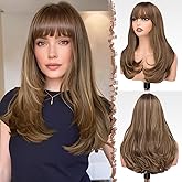 FESHFEN Long Wigs with Bangs, Synthetic Natural Looking Layered Straight Hair Wig for Women Daily Party Use 18 inch, Brown Mixed Blonde