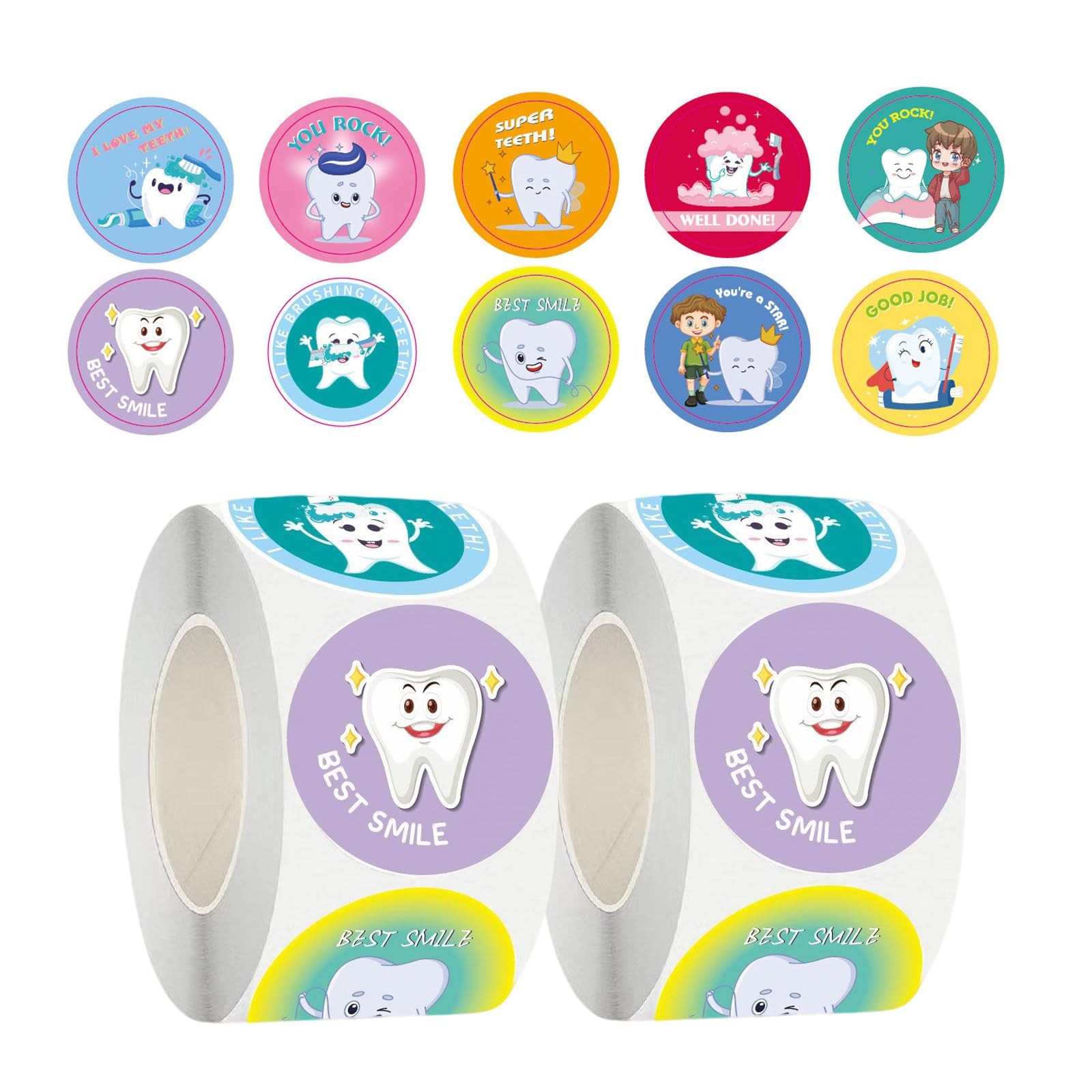 Rayakt 1000PCS Dental Stickers Set, 2 Rolls Cute Tooth Reward Decals with Creative Cartoon Designs, Cute Tooth Stickers for School Home Teacher Parents Kids Classroom Rewards DIY Craft Scrapbooking