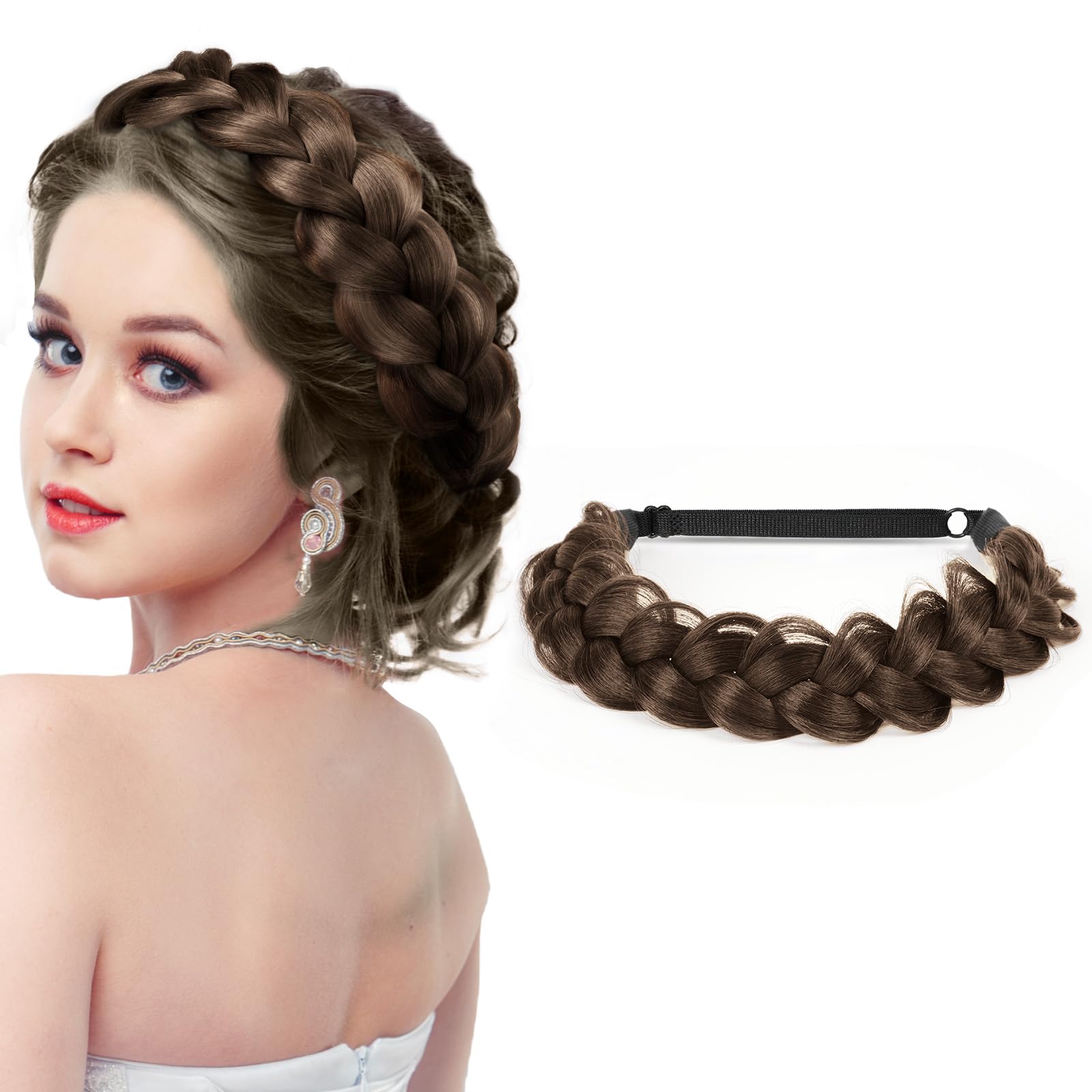 LOPHE Hair Braid Headband, Messy Wide 2 Strands Chunky Fishtail Braided Headband, Fluffy Wide Strands Wedding Hair Band, Fluffy Braids Wig Band for Women and Girls (Dark Brown)