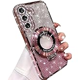 AuroiCCY Magnetic Ring Stand Glitter Case for Samsung Galaxy S25 Plus, (Compatible with Magsafe) Women Girly Luxury Bling Diamond Rhinestones Cover with Camera Lens Protector for S25 Plus (Pink)