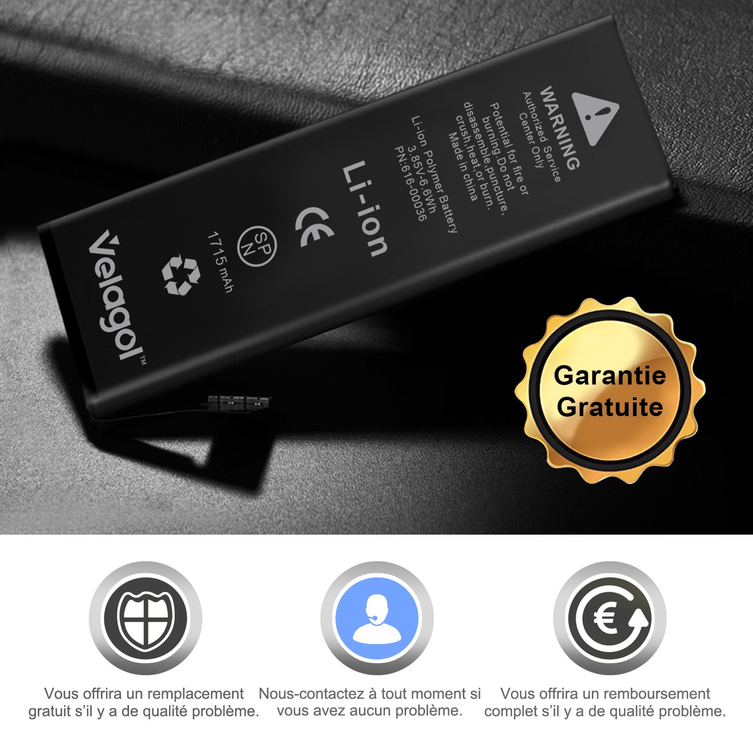 Velagol Batterie Interne Pour iPhone 6S Batterie 1715mAh Batterie en Lithium-Ion Rechargeable de Remplacement Pour iPhone 6S avec Kit d\'outils Carte de Garantie inclus (pas pour iPhone 6)