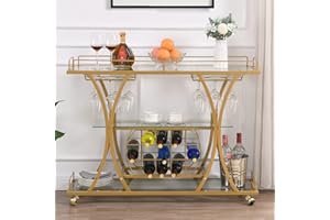 KIVENJAJA Gold Bar Cart, Kitchen Serving Cart with Wine Racks & Glass Holder, 3-Tier Mirrored Shelves Metal Frame Mobile Coffee Wine Barcart Trolley on Wheel for Home