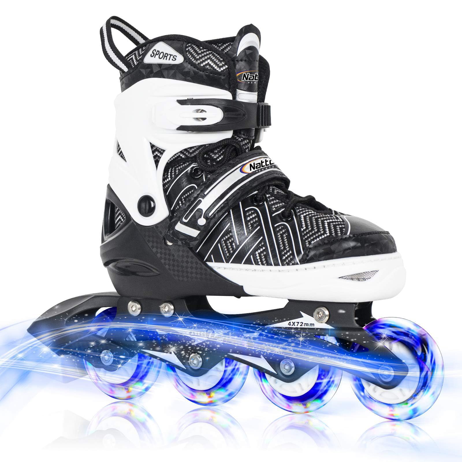 Photo 1 of **MISSING BOLT FOR ONE OF THE WHEELS**Nattork Adjustable Inline Skates for Kids Boys & Girls, Blue Black Red with Light up Wheels, Youth Blade Roller Skating for Beginners Ages 3-15 (Black Knight-1, Medium(US 1-4Y) Big Kids)