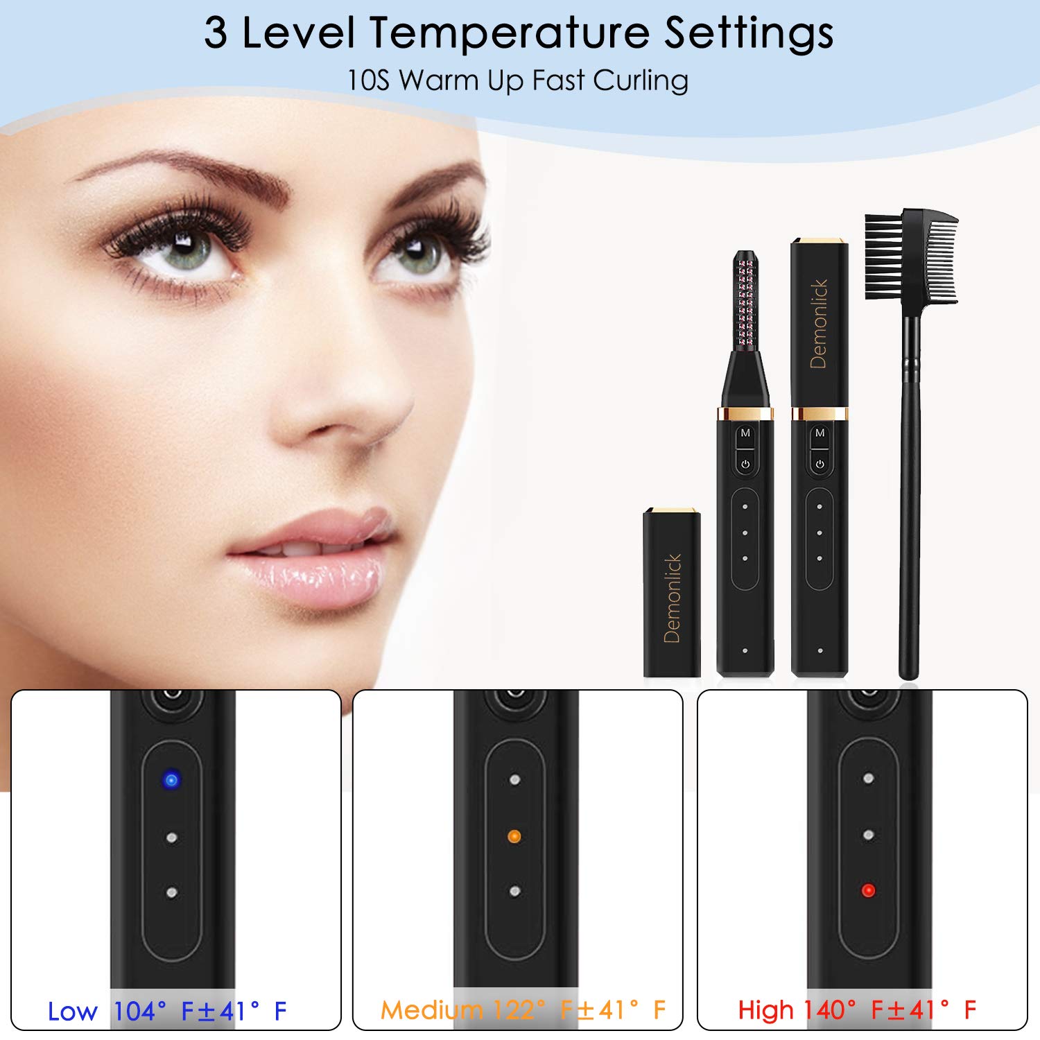 Heated Eyelash Curler, Demonlick Rechargeable Electric Eyelashes Curlers with Double-Sided Eyelash Brush, Quick Long-Lasting Mini Eye Lash Make-Up Tool for Girls Women Gift : Beauty