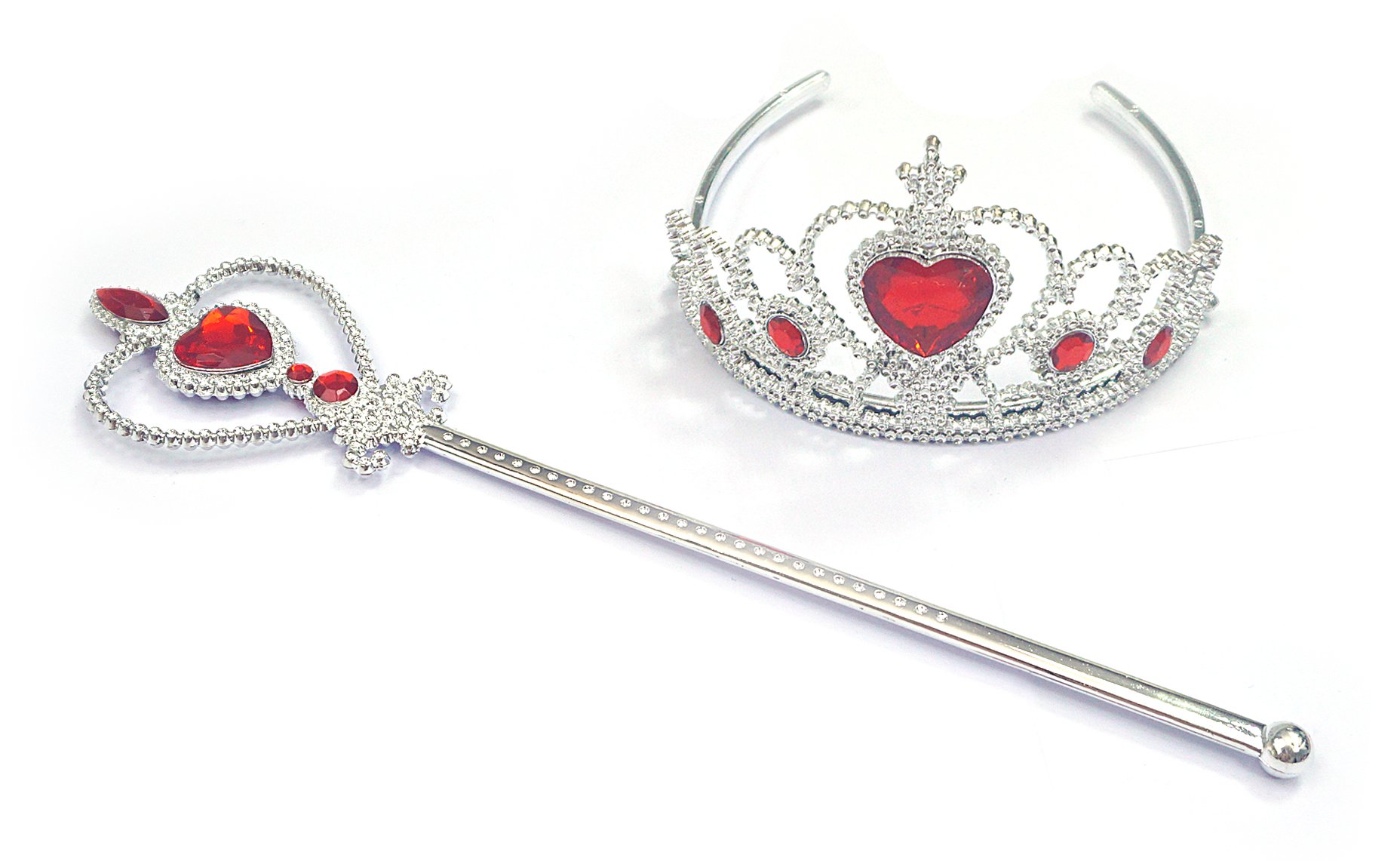 Kuzhi Princess Queen Crown Tiara and Wand Set – Silver Heart Jewel (Red)