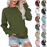 Womens Fashion Sweatshirts Solid Color Casual Round Neck Pullover Tops Loose Fit Fleece Pockets Hoodie Fall Clothes