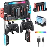 [Switch 2/1/OLED Compatible] RGB Switch 2 (2025) Wall Mount Kit for Joycon Charger, Switch Accessories Organizer with 15 Light Modes, 2 USB Ports, 10 Card Slots, Safely Store Switch Console Behind TV