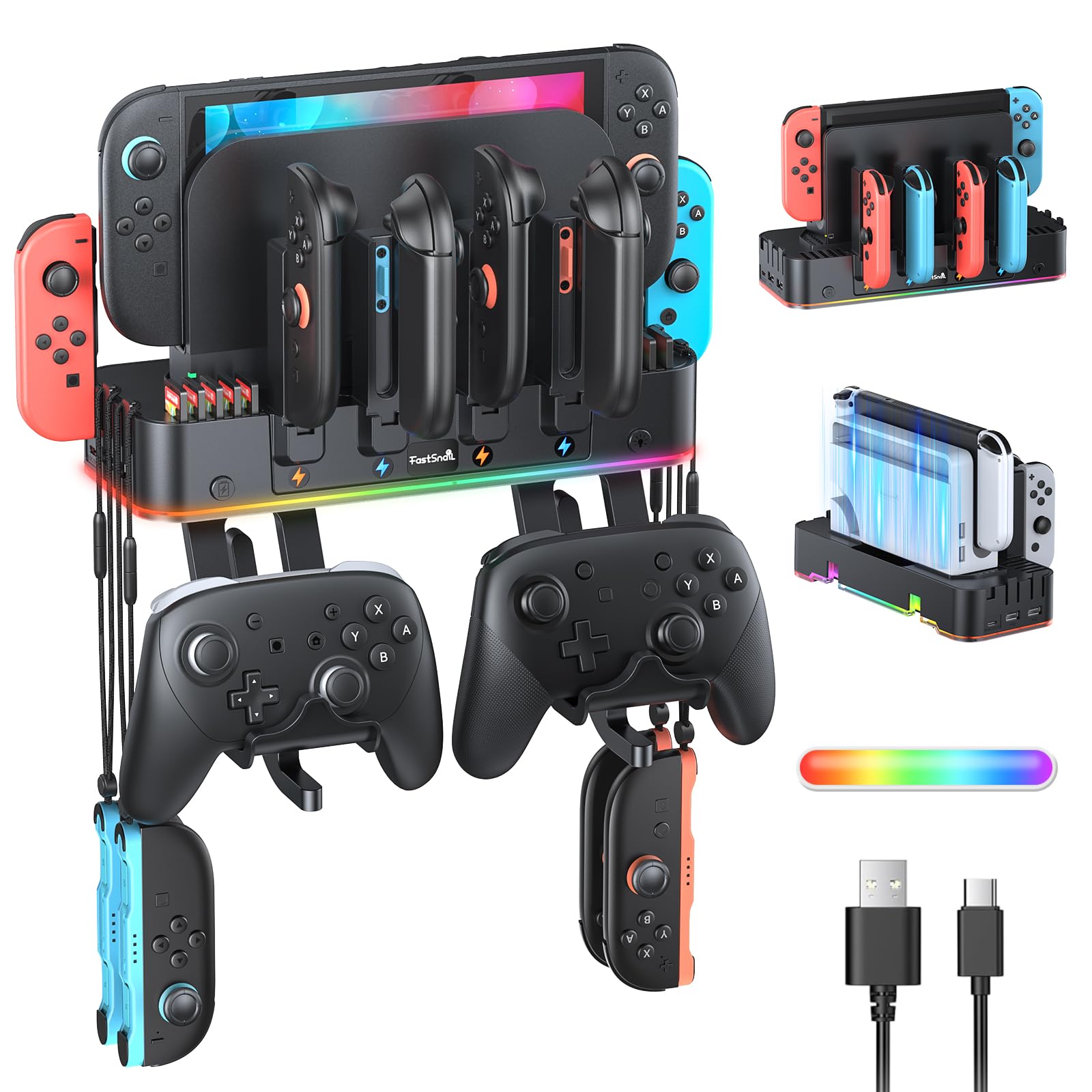 [Switch 2/1/OLED Compatible] RGB Switch 2 (2025) Wall Mount Kit for Joycon Charger, Switch Accessories Organizer with 15 Light Modes, 2 USB Ports, 10 Card Slots, Safely Store Switch Console Behind TV