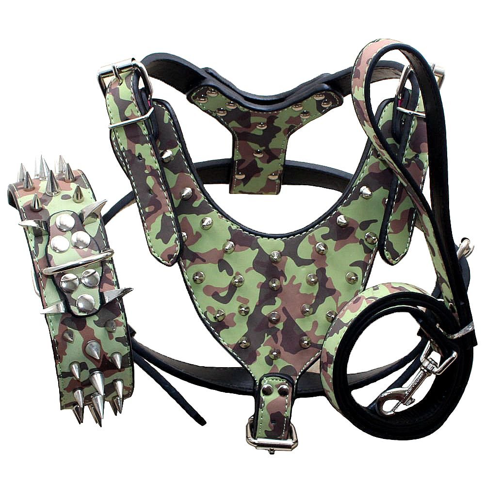 haoyueer Leather Sharp Spiked Studded Dog Collars, Harnesses & Leashes 3Pcs Matching Set for Medium & Large Dog Pit Bull,Mastiff, Boxer, Bull Terrier (XL, Camouflage)