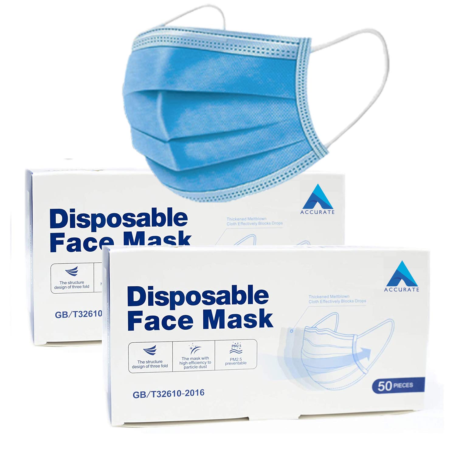Accurate 100 PCS Blue Disposable Face Masks | 3 Ply Earloop Face Covering with Nose Clip | Sutaible For Sensitive Skin