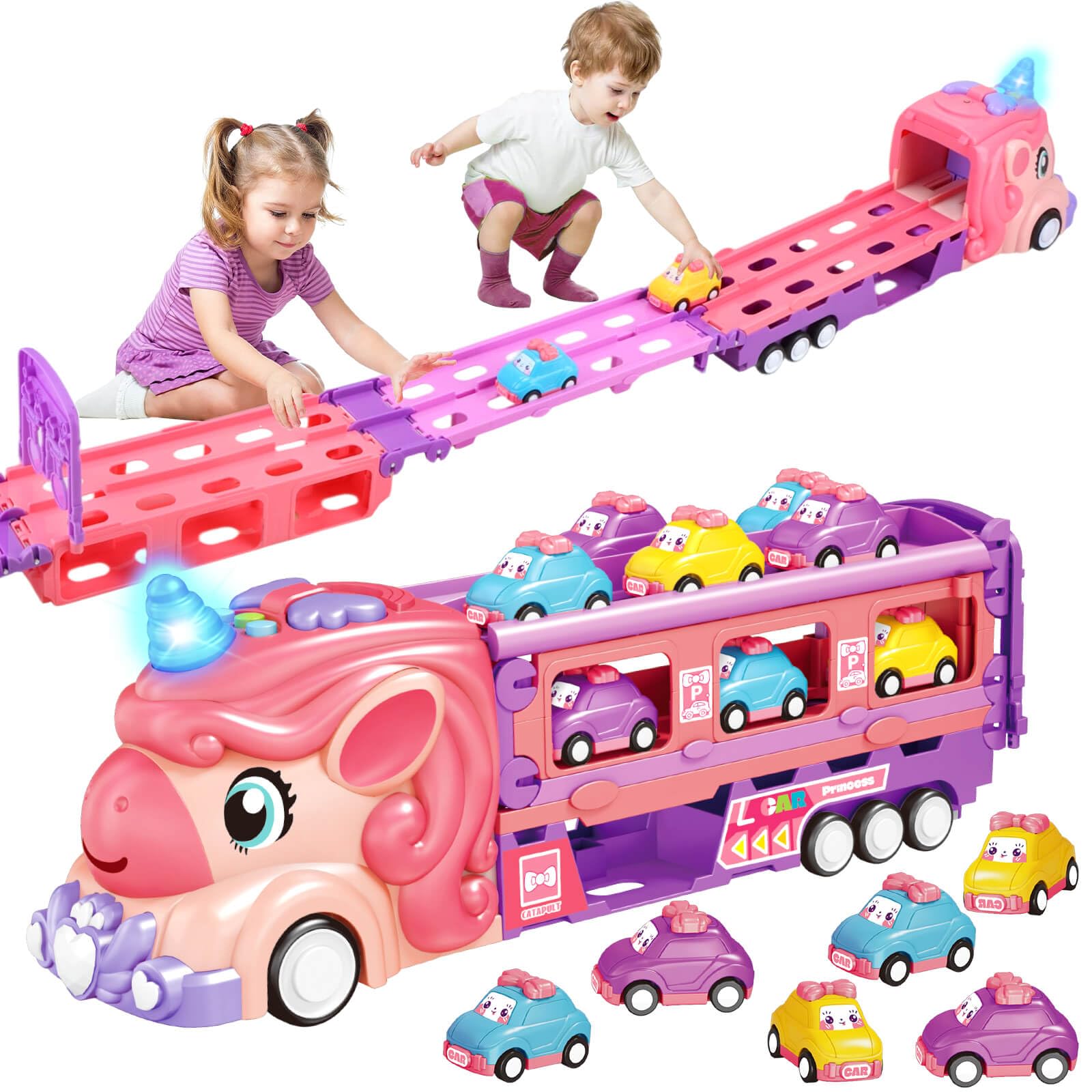 Toys for Girls 2 3 4 5 6 7 Year Old: Transport Truck Cars for Kids, Gifts for Toddlers Birthday Presents for Baby Age 1-2, Princess Truck Toy with 6 Race Cars Light Music for Christmas (Unicorn)