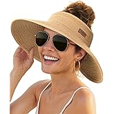 FURTALK Sun Hats for Women Wide Brim Beach Hat Straw Visor Ponytail Summer UV Packable Foldable Beach Vacation Essentials