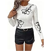 Verdusa Women's Floral Cozy Sweaters Ribbed Sweater Crew Neck Rhinestone Elegant Knit Pullover Tops