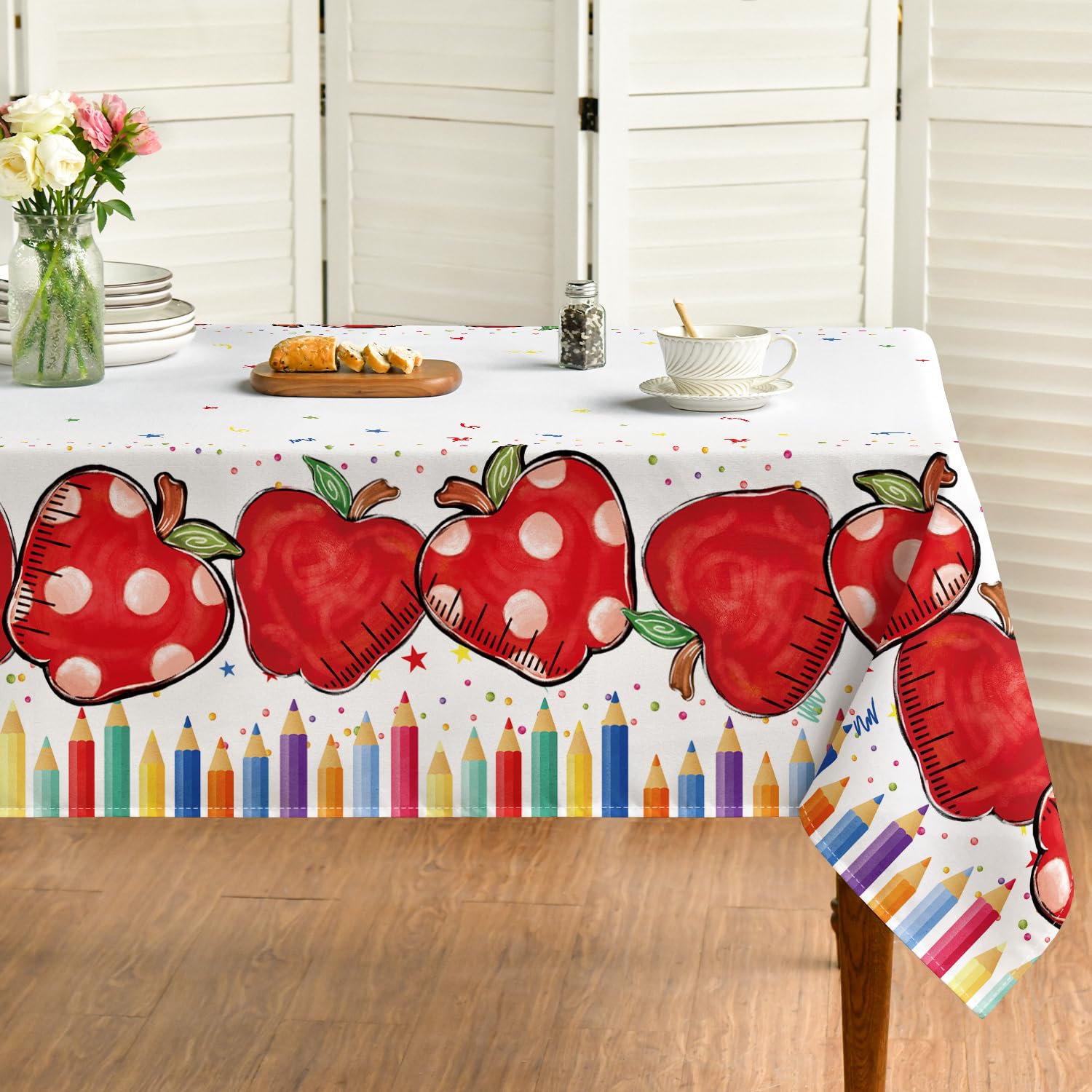 Photo 1 of Horaldaily Back to School White Tablecloth 60×60 Inch Square, First Day of School Party Decor, Pencils Apple Washable Seasonal Table Cover for Party Picnic Dinner Decor