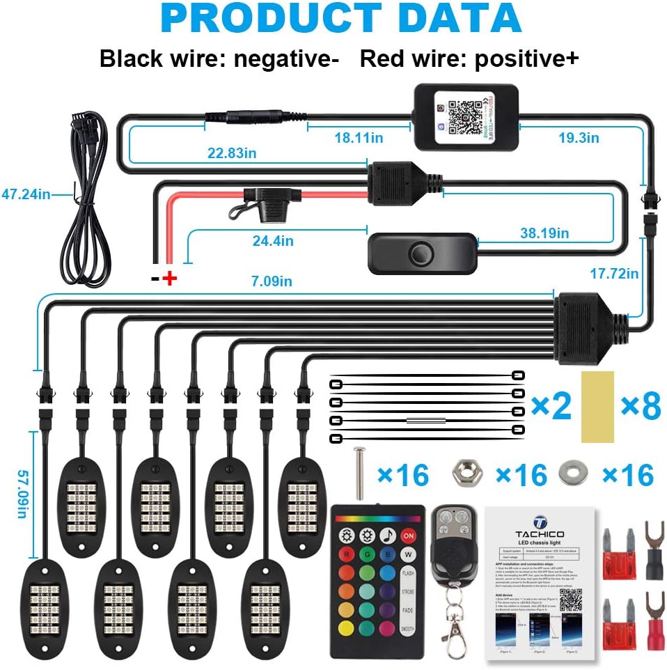 TACHICO RGB LED Rock Lights with APP/Double RF Remote Control,120 LEDs Multicolor Underglow Neon IP68 Flashing Music Timing Mode Light Kits for Jeep Off Road Truck ATV Motorcycle, DC 12V（8 Pods）: Automotive