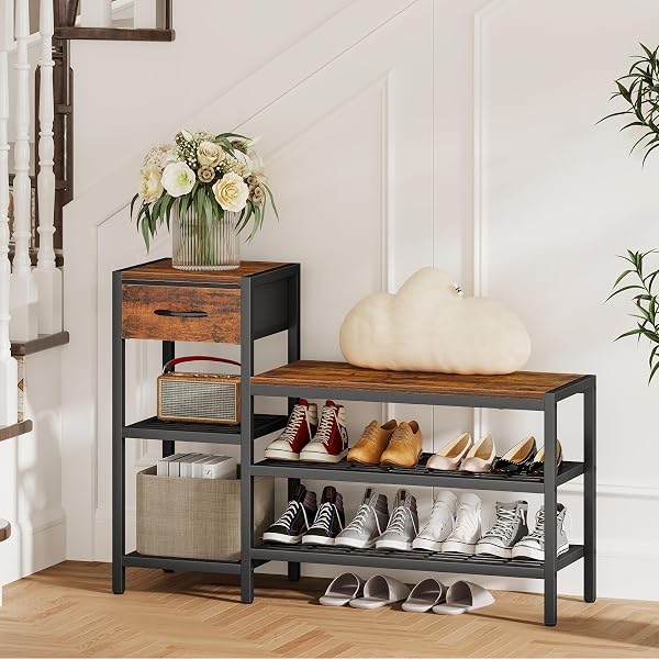 SNUGHOME 39.4″ SHOE STORAGE BENCH WITH DRAWER, 3 TIER ENTRYWAY BENCH WITH SHOE STORAGE, ADJUSTABLE SHELF SHOE RACK WITH SEATING FOR ENTRYWAY, FRONT DOOR, LIVING ROOM